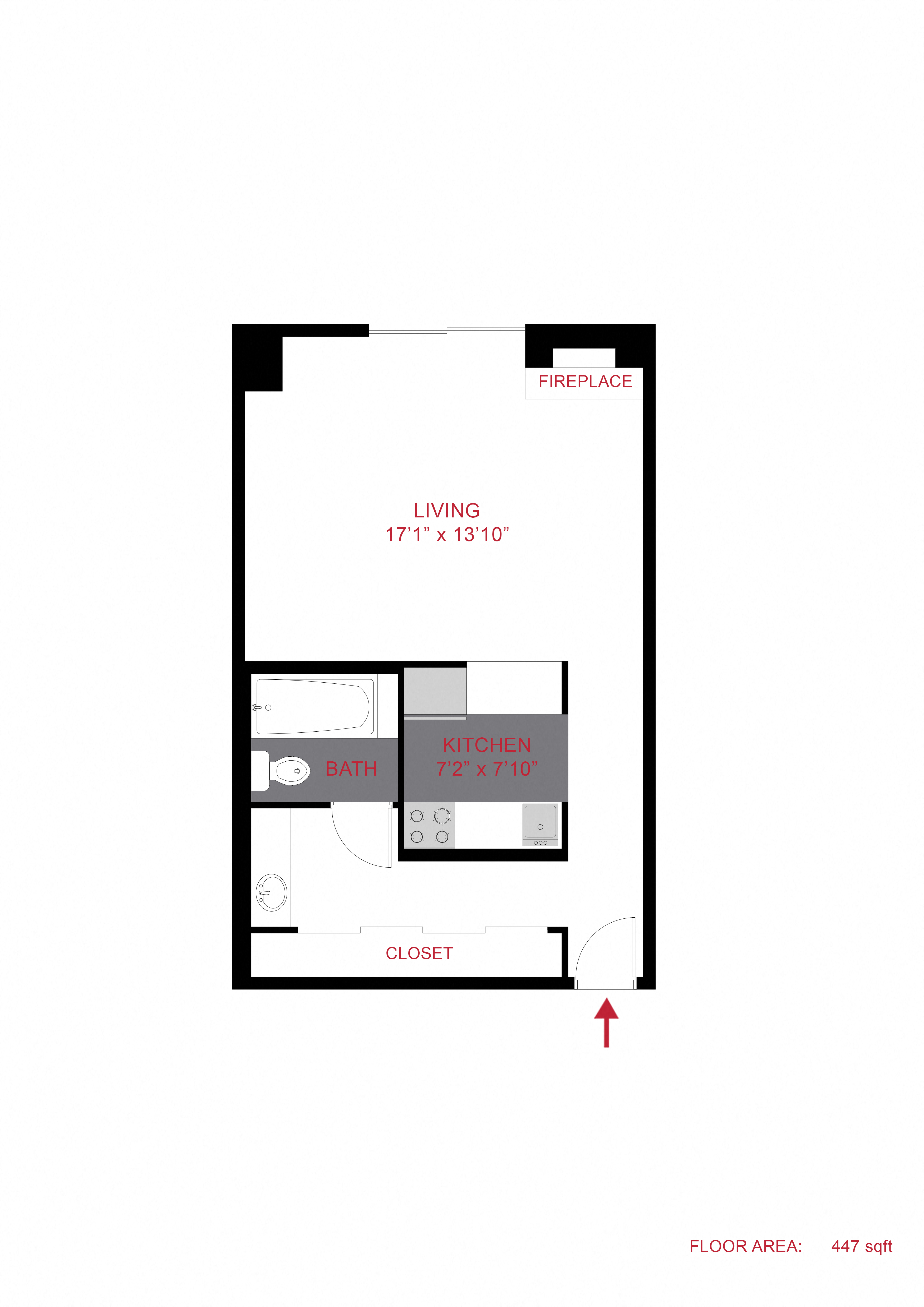 Floor plan for studio, 1 bath, 430 sqft